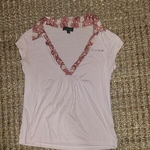 Bebe White and Pink Ruffled Fitted T-Shirt